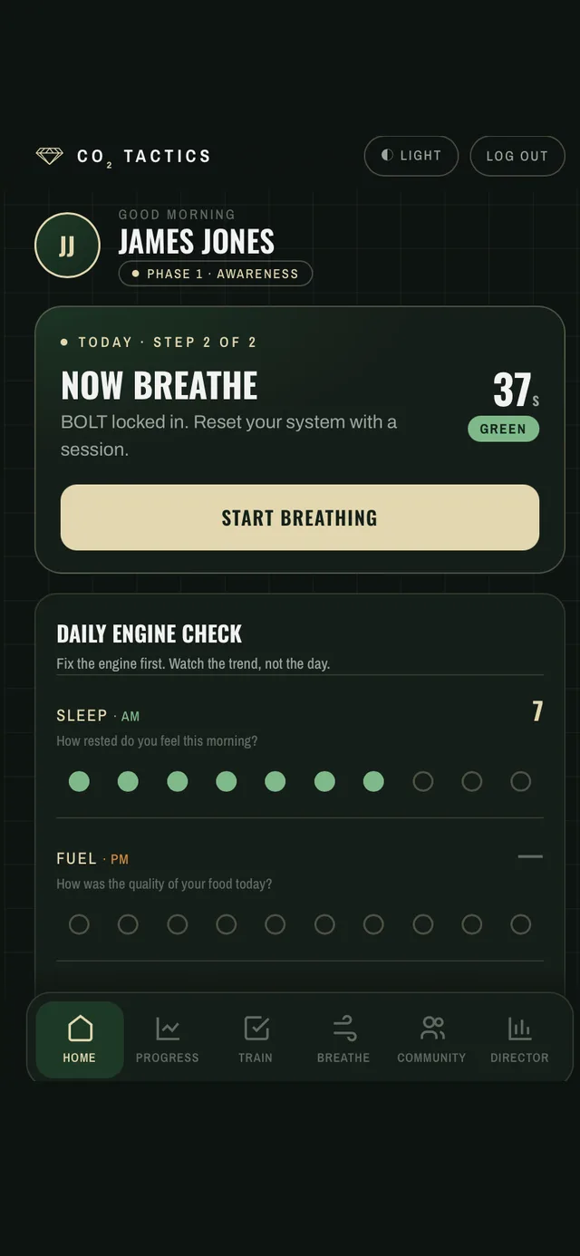 CO₂ Tactics app home — morning BOLT logged, session ready